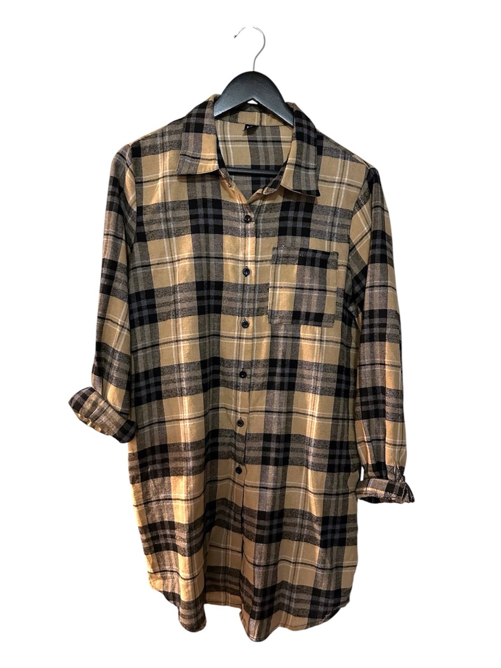 SHEIN Oversized Plaid Flannel Button Front Shirt Tan Beige Black Large Cabincore